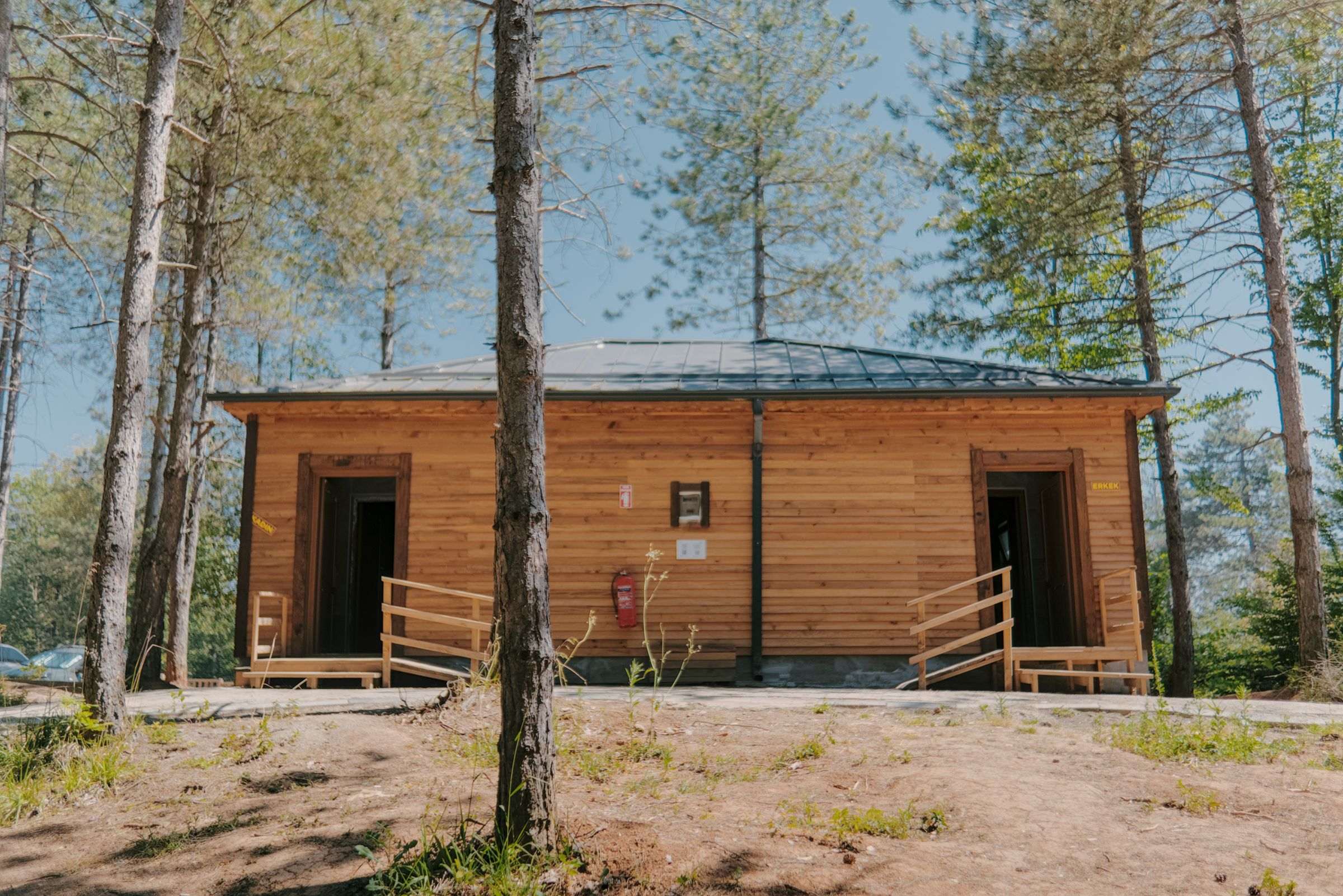 Écolodge en bois au milieu de la forêt